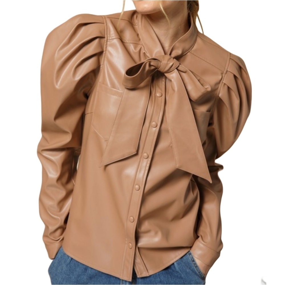 Aaron & Amber Leather Brown Faux Vegan Leather Snap Button Top Size Medium